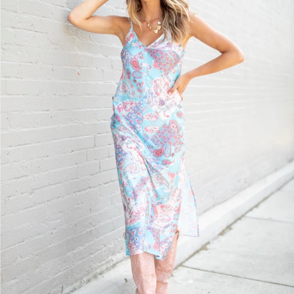 NEW Pink Lily Blue and Pink Paisley Midi Dress
